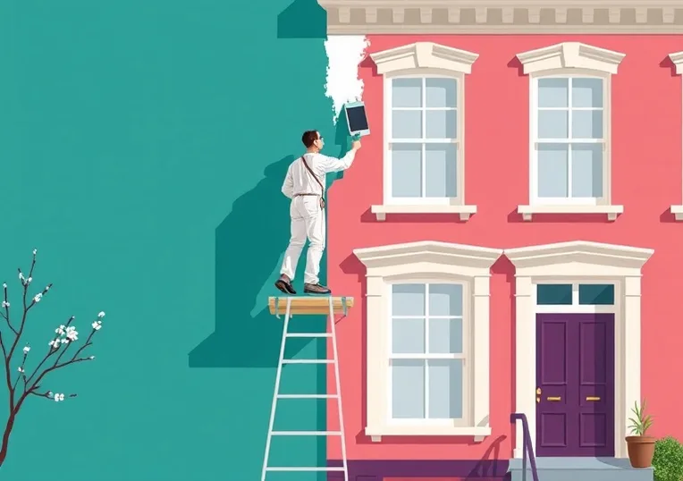 Peintre sur échafaudage traitant la façade d'une maison