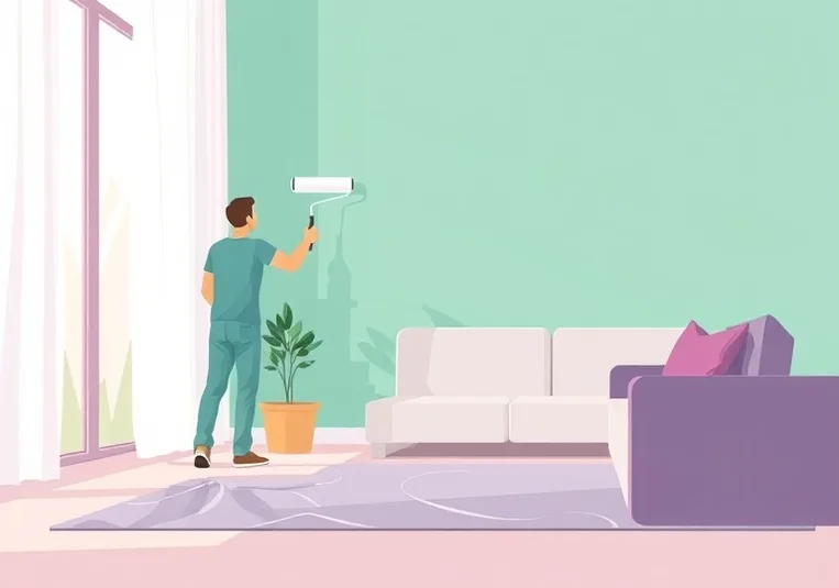 Peintre appliquant la peinture au rouleau sur un mur de salon